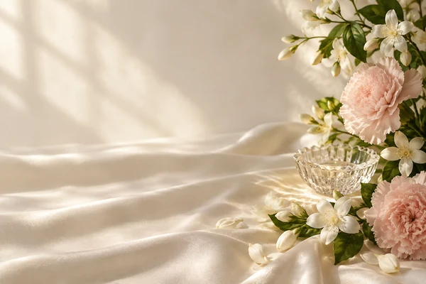 White flowers and silk, a fragrance-inspired still life